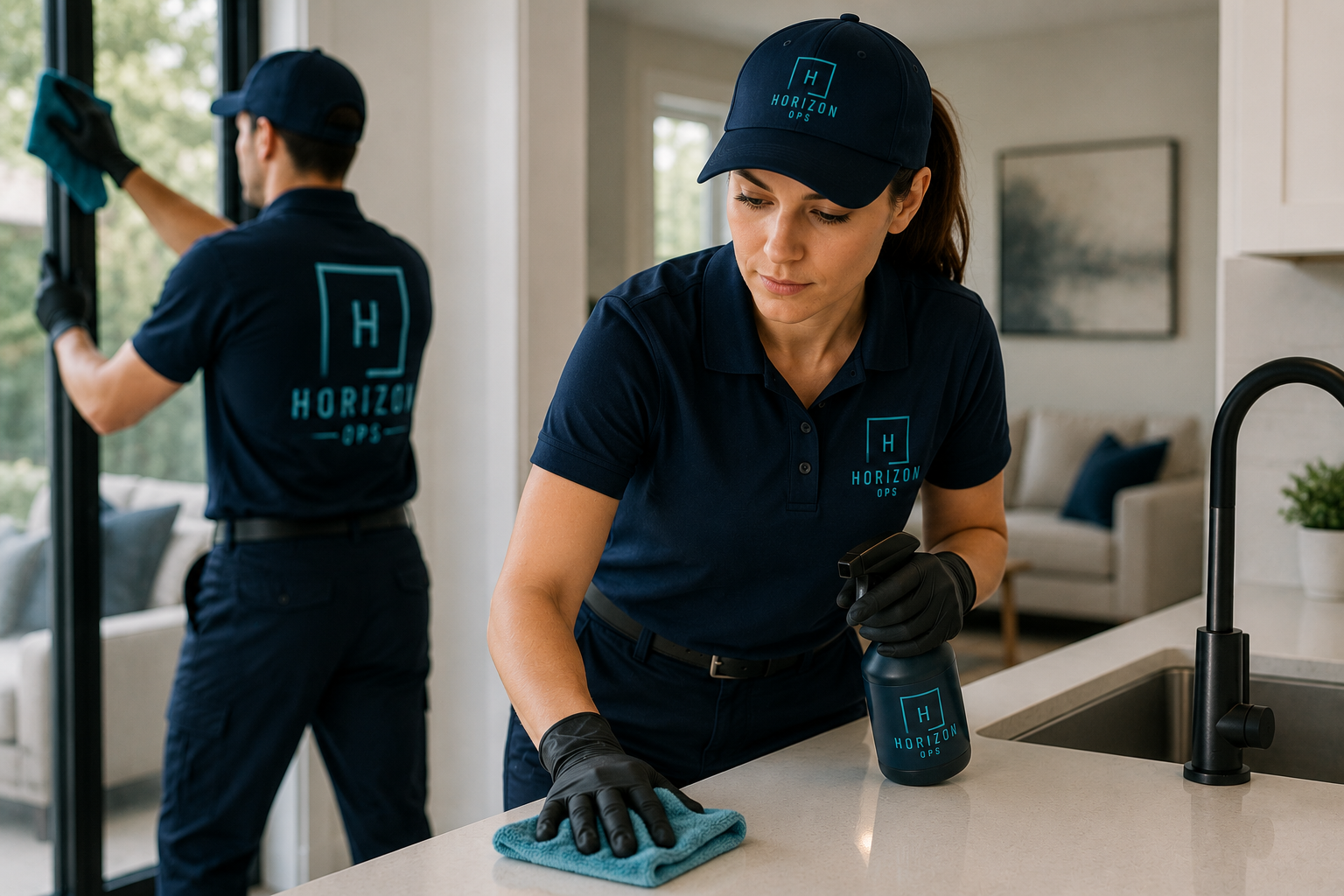 Horizon Ops cleaning professionals in branded uniforms cleaning a modern home